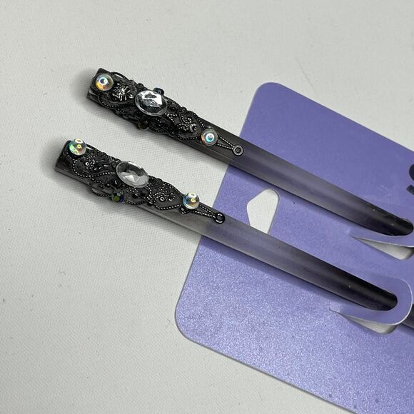 Y2K Claire's Black Silver Hair Chopsticks Accessories Fairy Goth Prom Deadstock - Picture 4 of 7